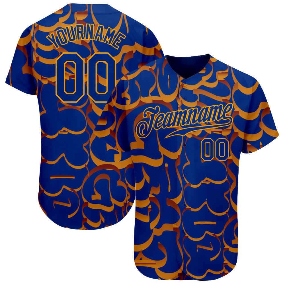 Custom Graffiti Pattern Royal-Gold 3D Authentic Baseball Jersey - Sky-Custom