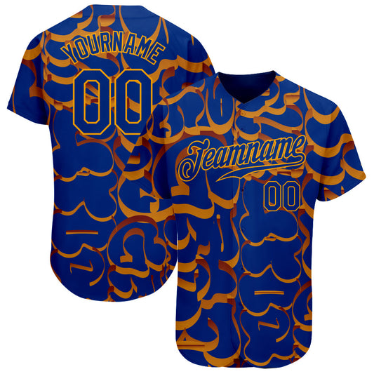 Custom Graffiti Pattern Royal-Gold 3D Authentic Baseball Jersey - Sky-Custom