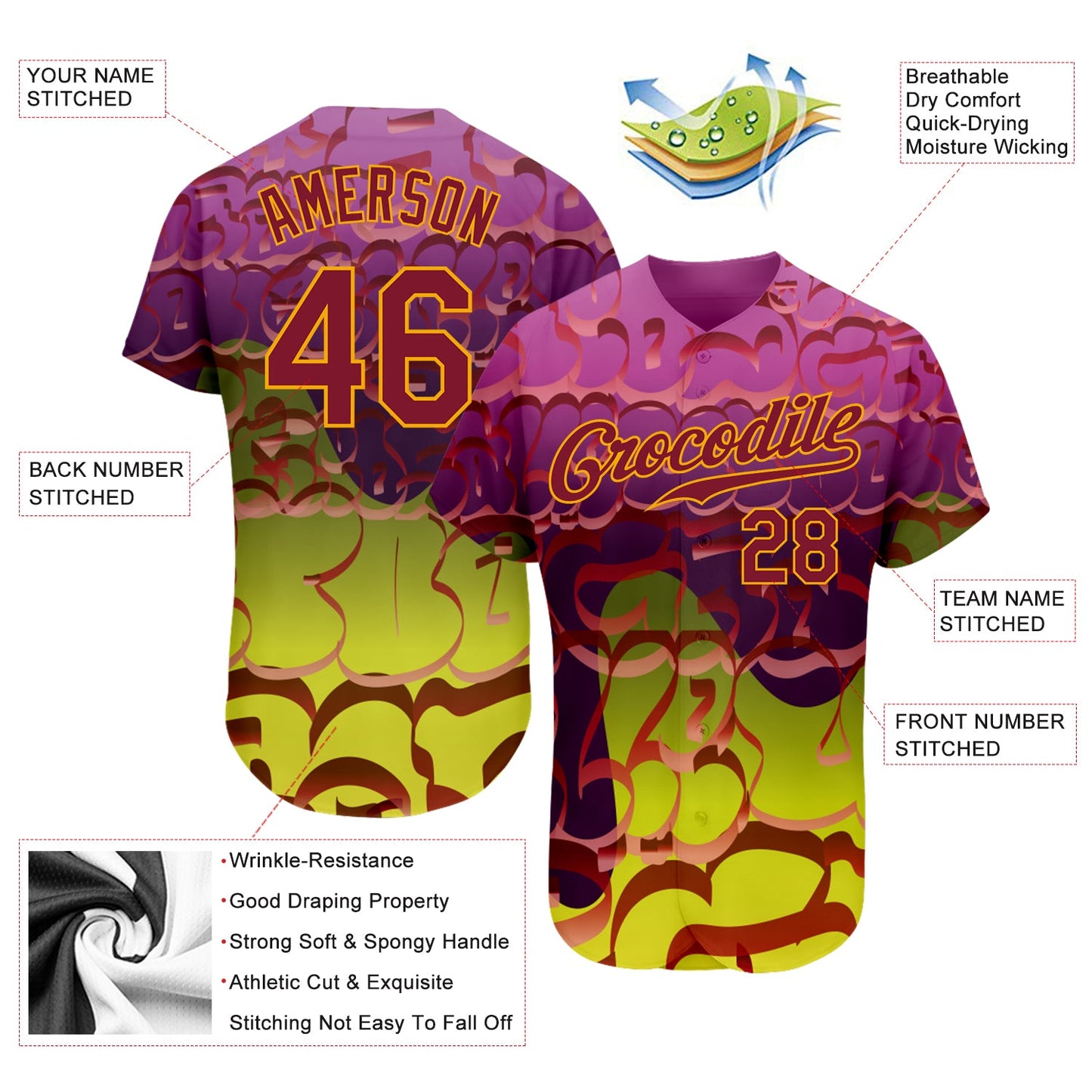 Custom Graffiti Pattern Crimson-Gold 3D Authentic Baseball Jersey - Sky-Custom