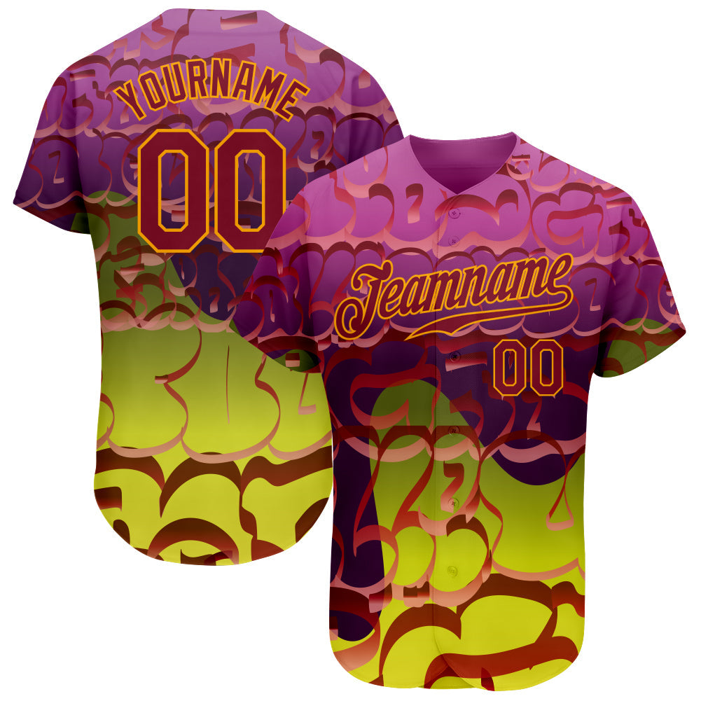 Custom Graffiti Pattern Crimson-Gold 3D Authentic Baseball Jersey - Sky-Custom