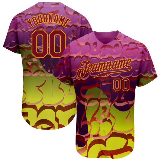 Custom Graffiti Pattern Crimson-Gold 3D Authentic Baseball Jersey - Sky-Custom