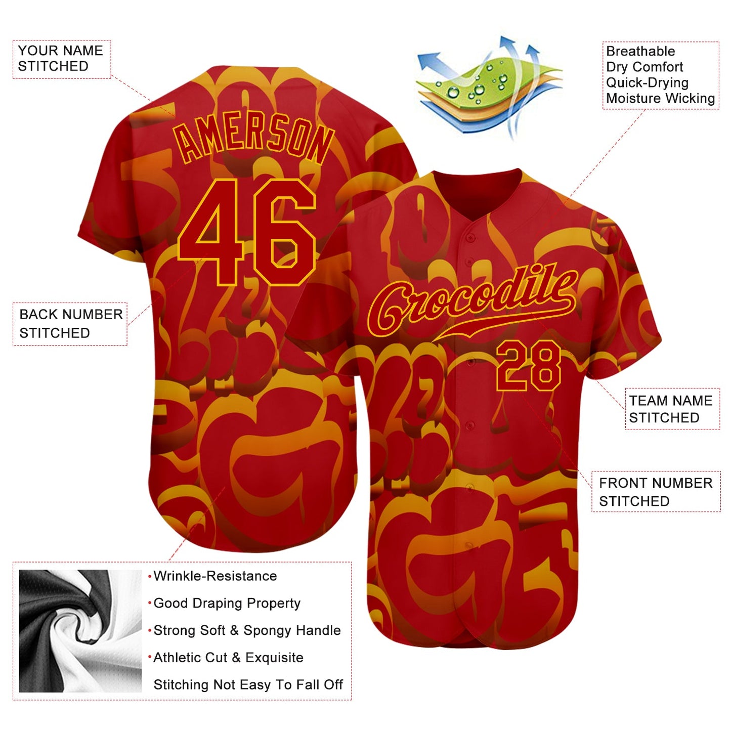 Custom Graffiti Pattern Red-Gold 3D Pattern Design Authentic Baseball Jersey - Sky-Custom