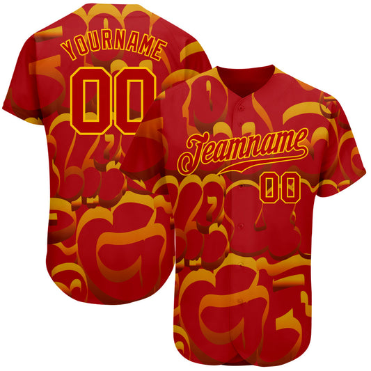Custom Graffiti Pattern Red-Gold 3D Pattern Design Authentic Baseball Jersey - Sky-Custom