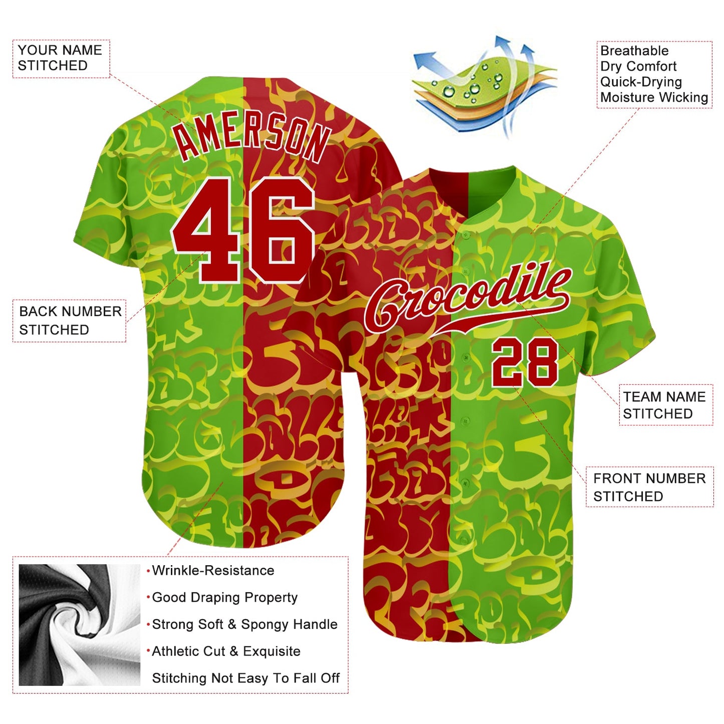 Custom Graffiti Pattern Red-Green 3D Authentic Baseball Jersey - Sky-Custom