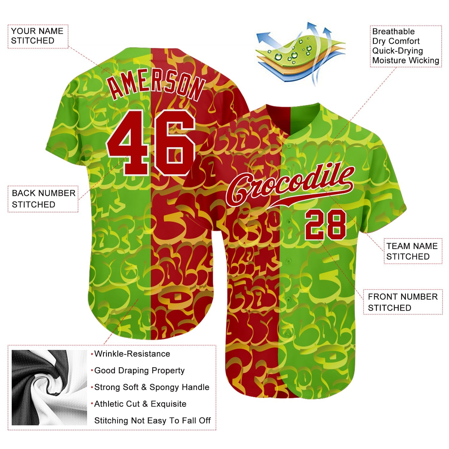Custom Graffiti Pattern Red-Green 3D Authentic Baseball Jersey - Sky-Custom