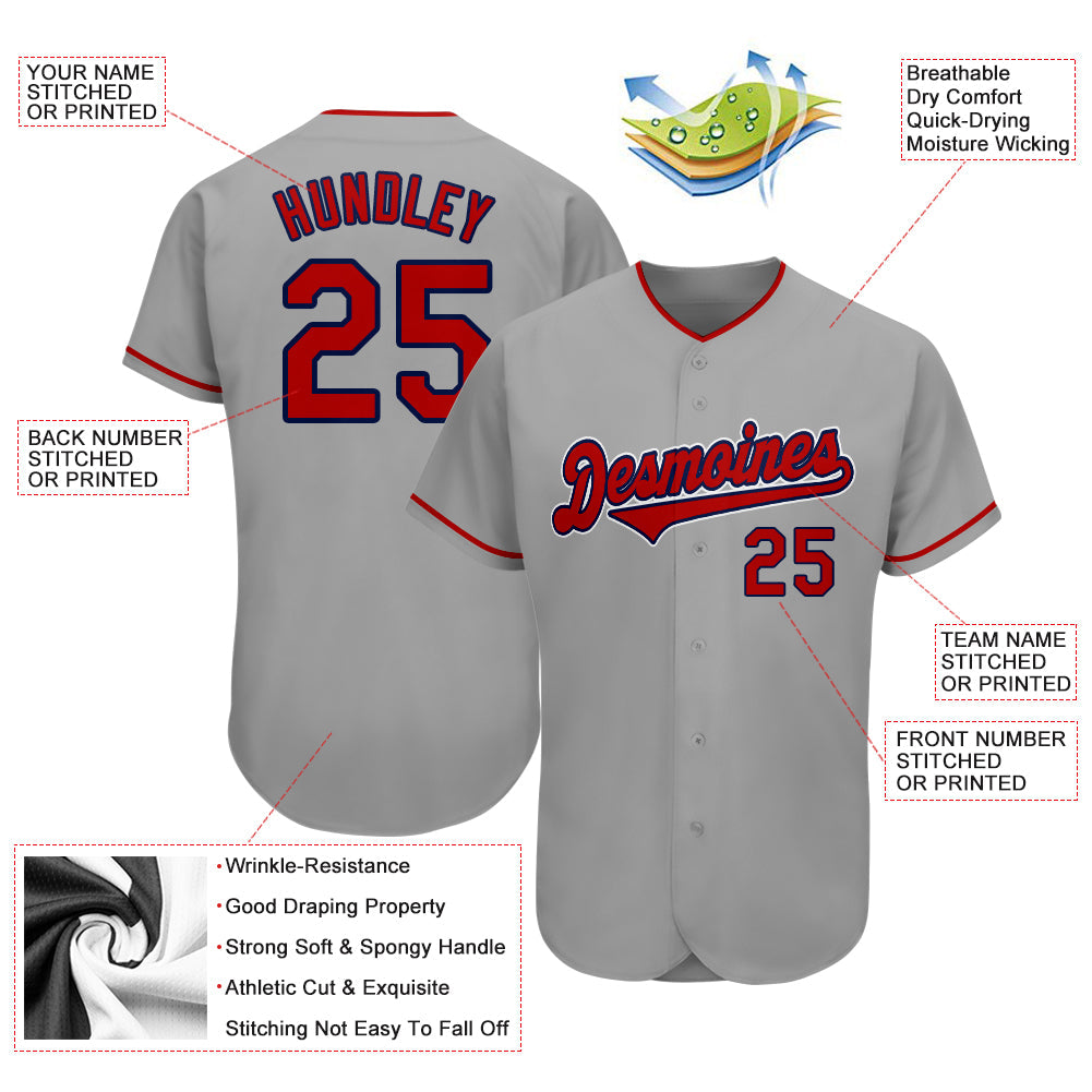 Custom Gray Red-Navy Authentic Baseball Jersey - Sky-Custom