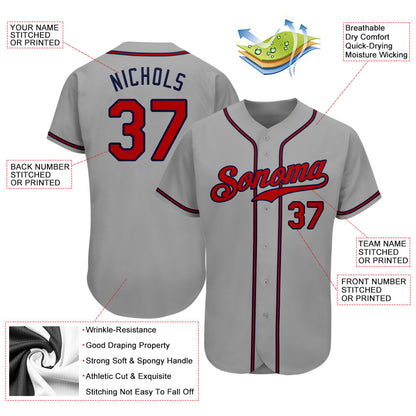 Custom Gray Red-Navy Authentic Baseball Jersey - Sky-Custom