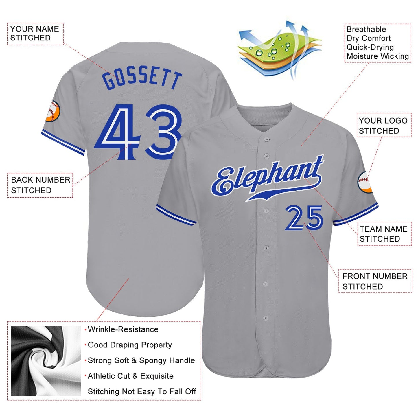 Custom Gray Royal-White Authentic Baseball Jersey - Sky-Custom