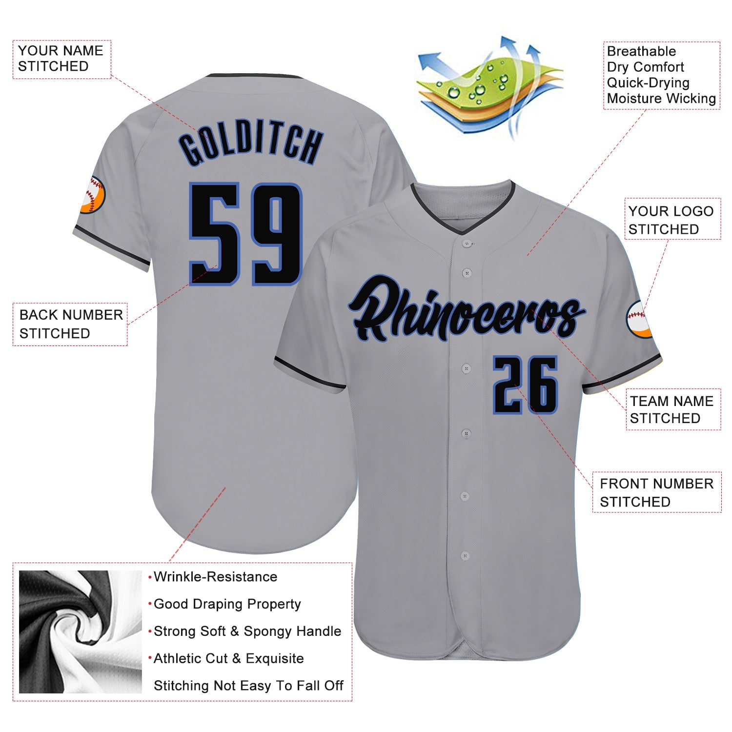 Custom Gray Black-Blue Authentic Baseball Jersey - Sky-Custom
