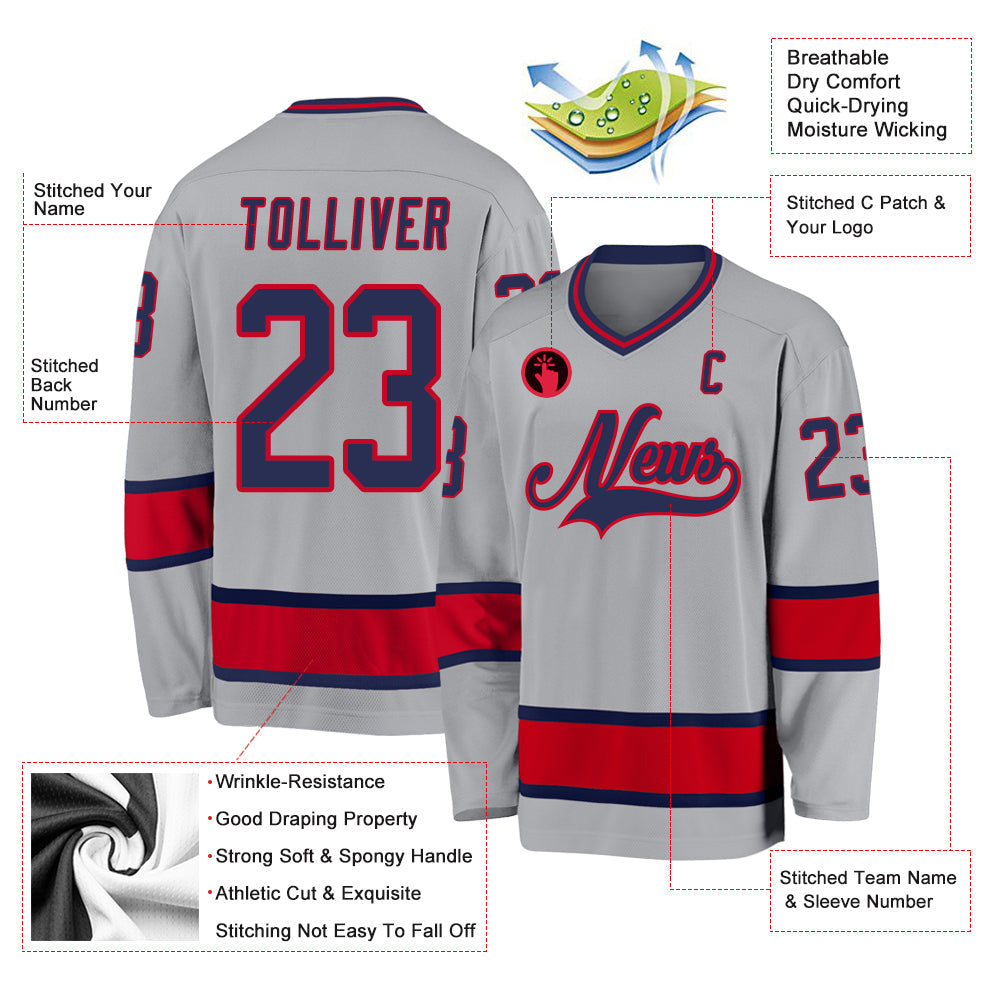 Custom Gray Navy-Red Hockey Jersey - Sky-Custom