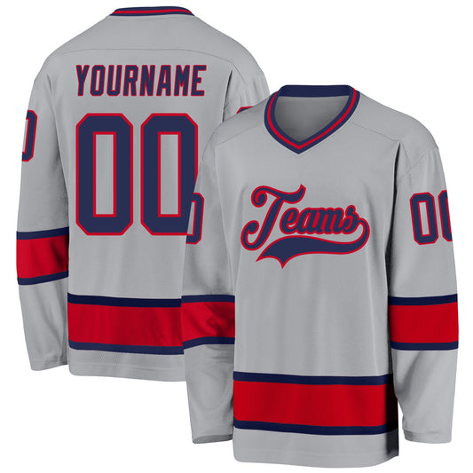 Custom Gray Navy-Red Hockey Jersey - Sky-Custom