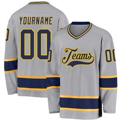 Custom Gray Navy-Gold Hockey Jersey - Sky-Custom