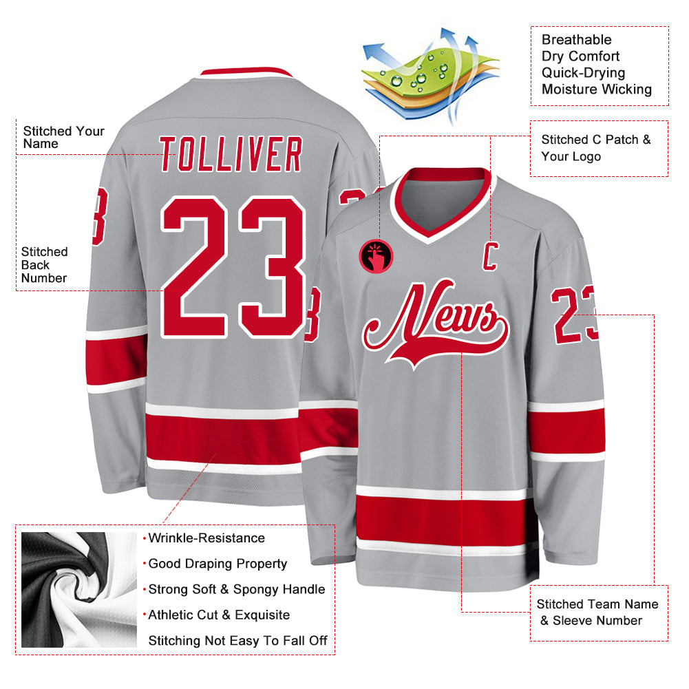 Custom Gray Red-White Hockey Jersey - Sky-Custom