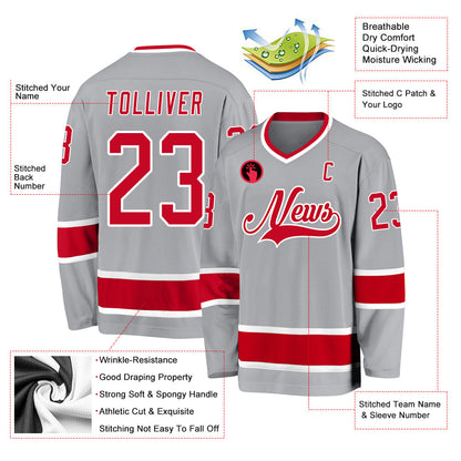 Custom Gray Red-White Hockey Jersey - Sky-Custom