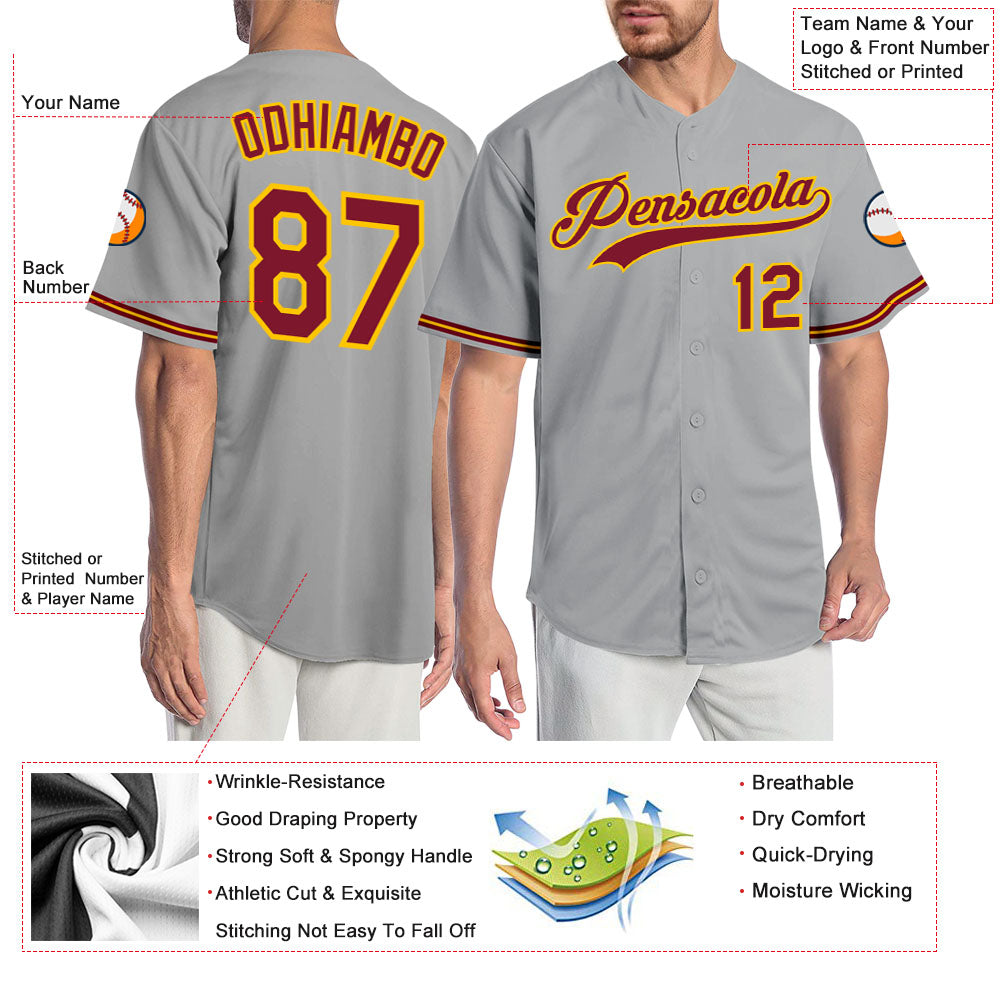 Custom Gray Crimson-Gold Authentic Baseball Jersey - Sky-Custom