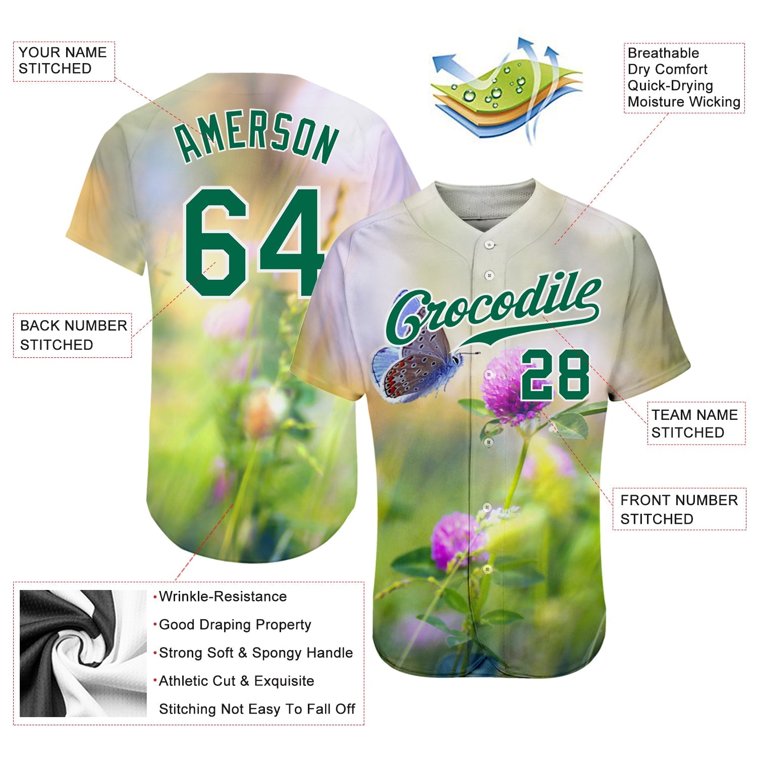 Custom Gray Kelly Green-White 3D Pattern Design Flowers And Butterfly Authentic Baseball Jersey - Sky-Custom