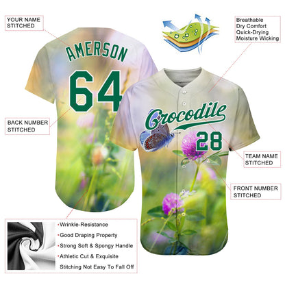 Custom Gray Kelly Green-White 3D Pattern Design Flowers And Butterfly Authentic Baseball Jersey - Sky-Custom