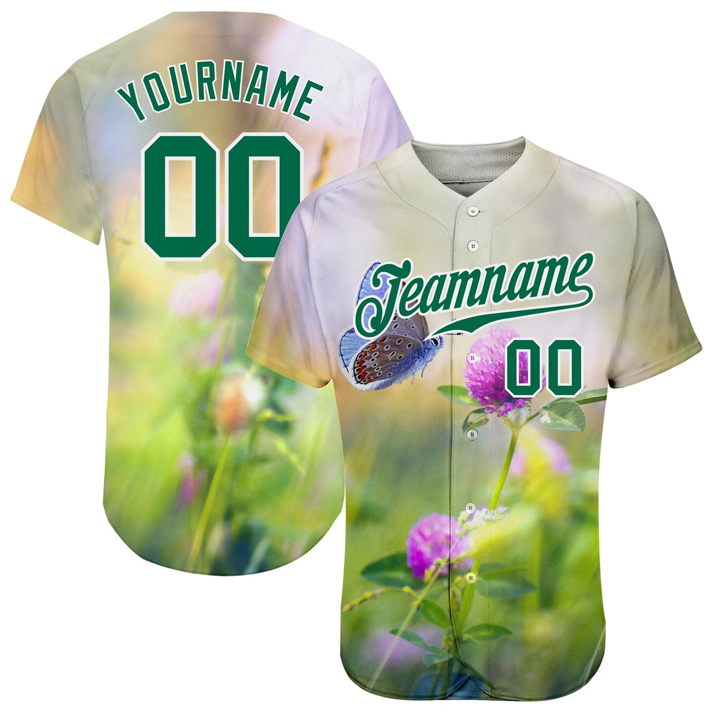 Custom Gray Kelly Green-White 3D Pattern Design Flowers And Butterfly Authentic Baseball Jersey - Sky-Custom