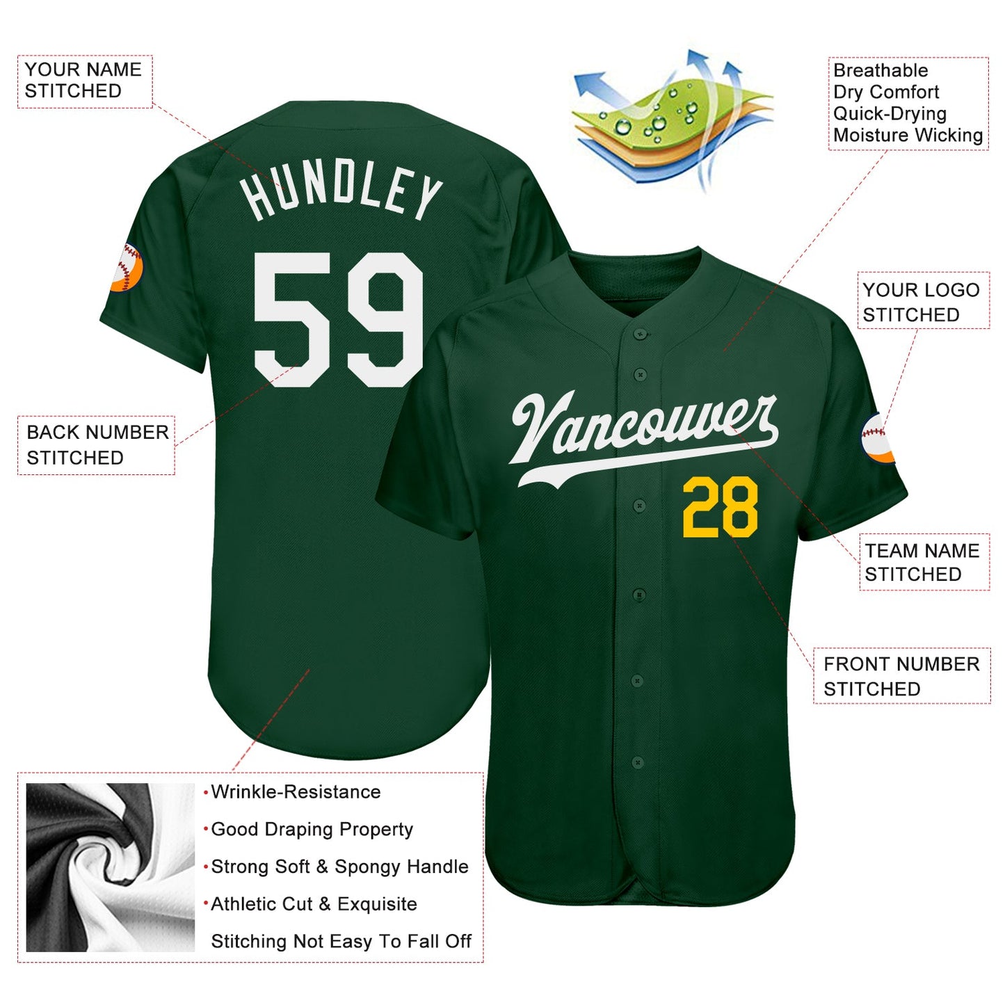 Custom Green White-Gold Authentic Baseball Jersey - Sky-Custom