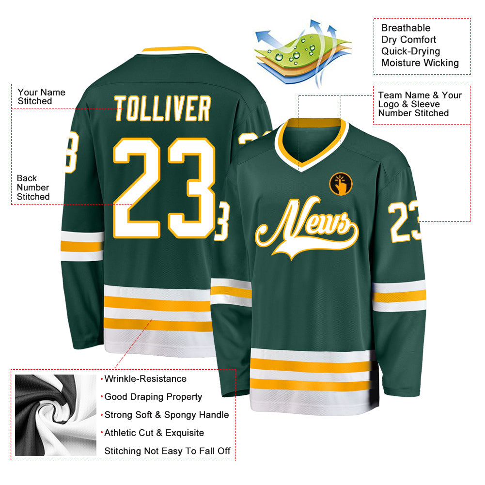 Custom Green White-Gold Hockey Jersey - Sky-Custom