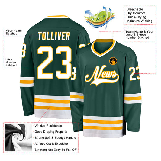 Custom Green White-Gold Hockey Jersey - Sky-Custom