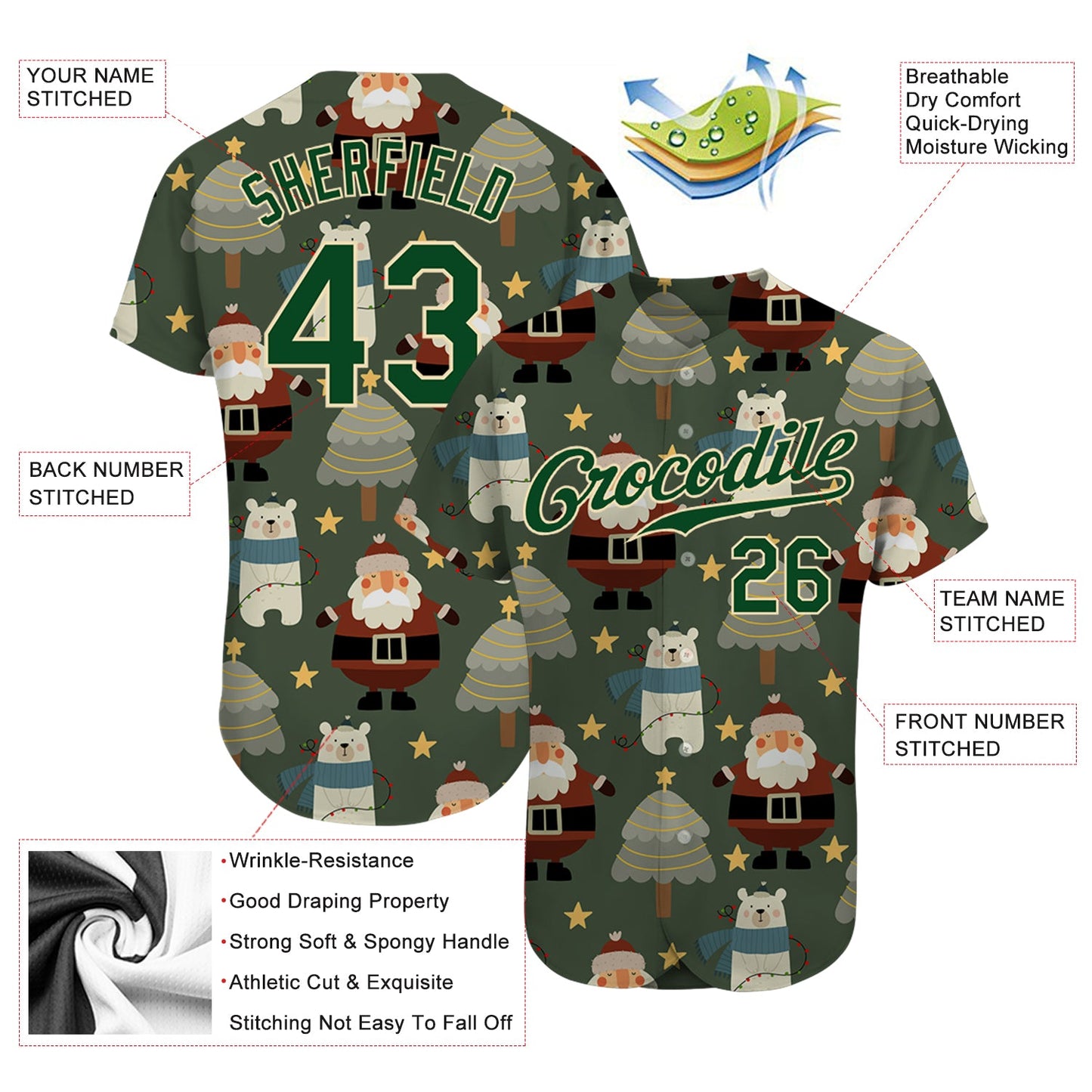 Custom Green Green-Cream Christmas 3D Authentic Baseball Jersey - Sky-Custom