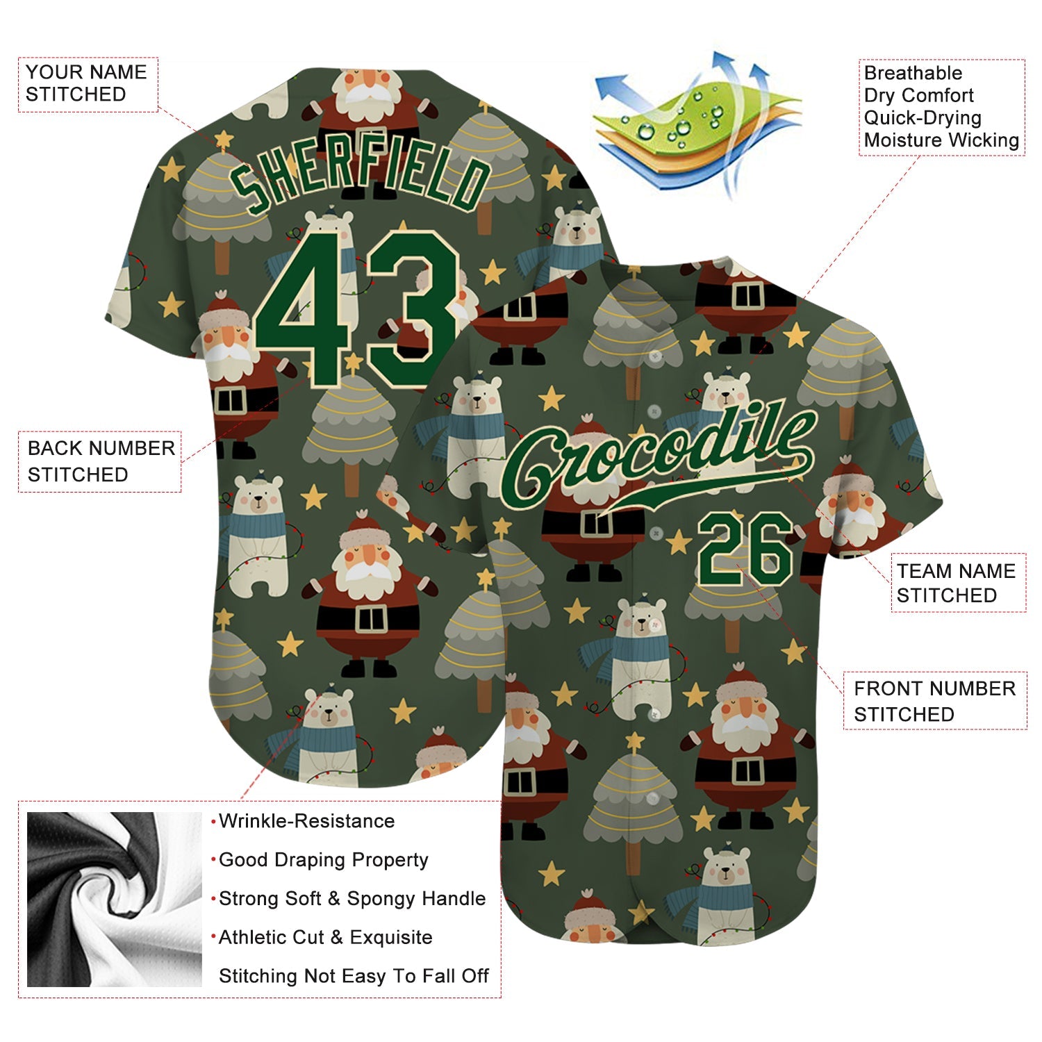 Custom Green Green-Cream Christmas 3D Authentic Baseball Jersey - Sky-Custom