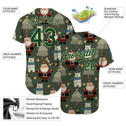 Custom Green Green-Cream Christmas 3D Authentic Baseball Jersey - Sky-Custom