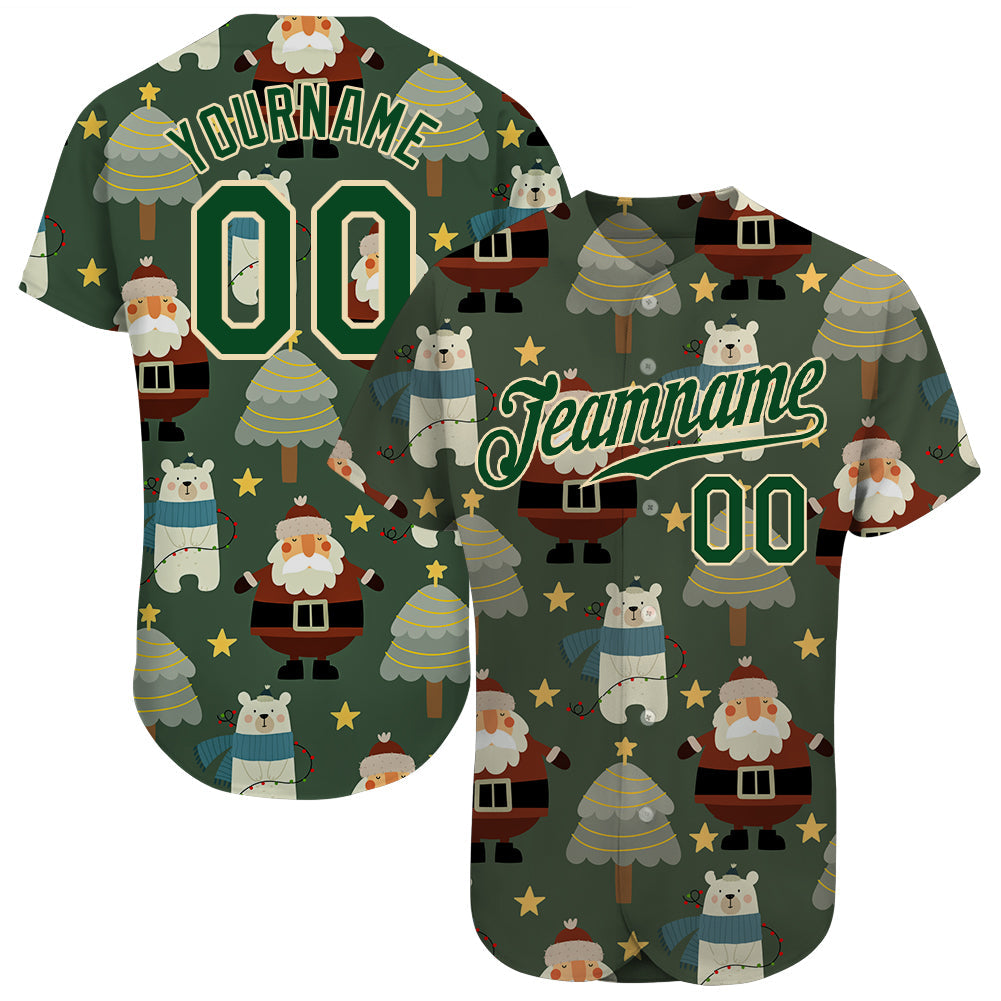 Custom Green Green-Cream Christmas 3D Authentic Baseball Jersey - Sky-Custom