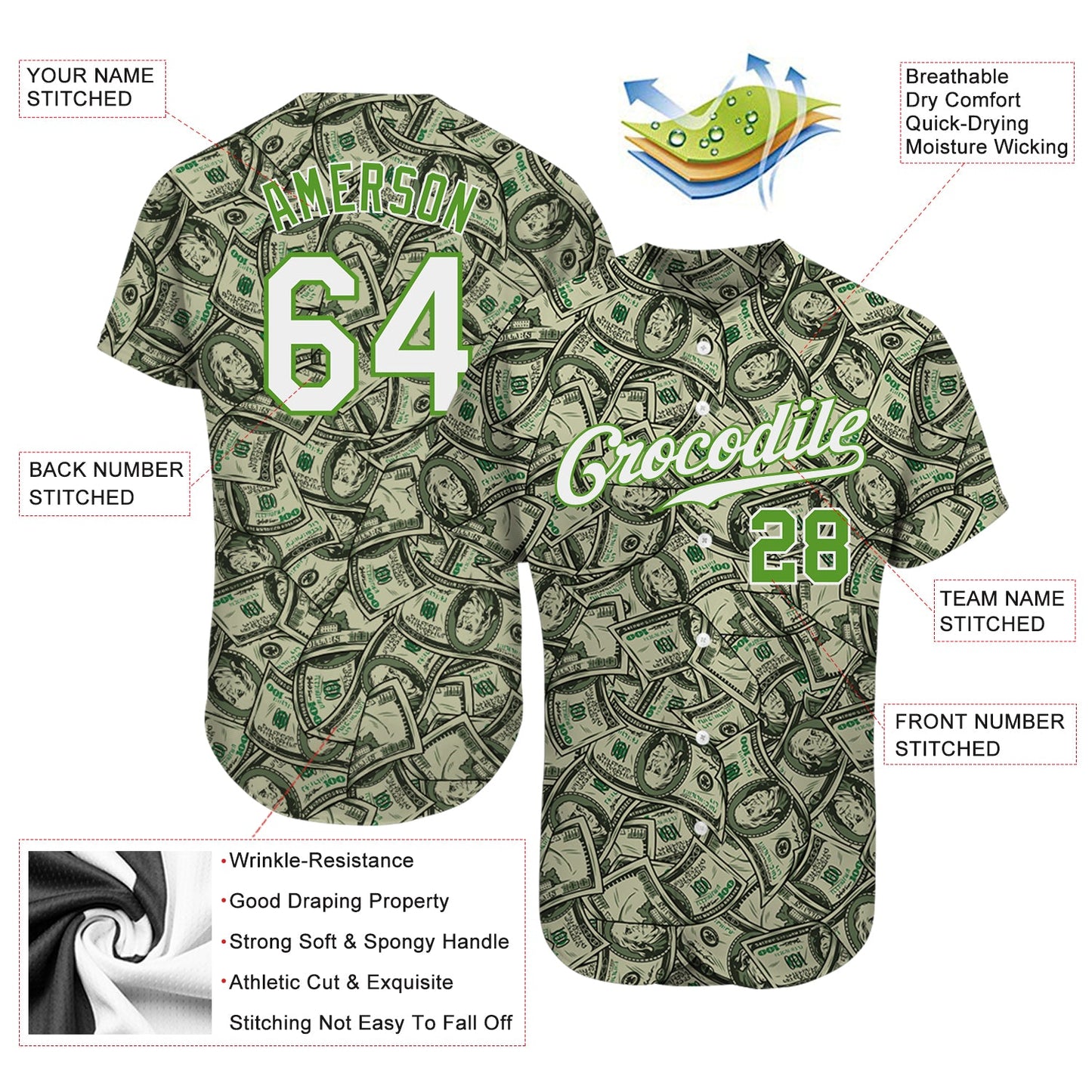 Custom Green White-Neon Green 3D Pattern Design Dollar Authentic Baseball Jersey - Sky-Custom