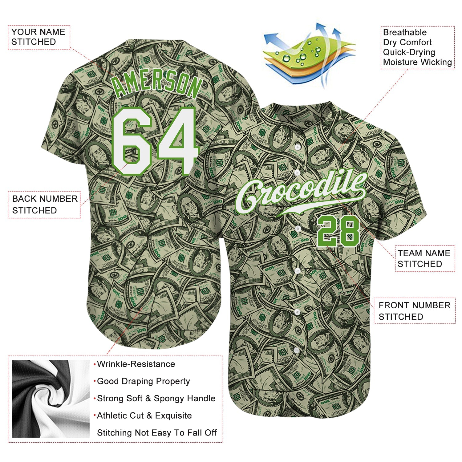 Custom Green White-Neon Green 3D Pattern Design Dollar Authentic Baseball Jersey - Sky-Custom