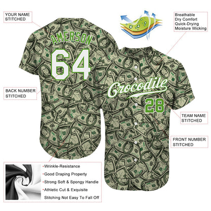Custom Green White-Neon Green 3D Pattern Design Dollar Authentic Baseball Jersey - Sky-Custom