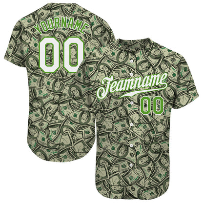 Custom Green White-Neon Green 3D Pattern Design Dollar Authentic Baseball Jersey - Sky-Custom