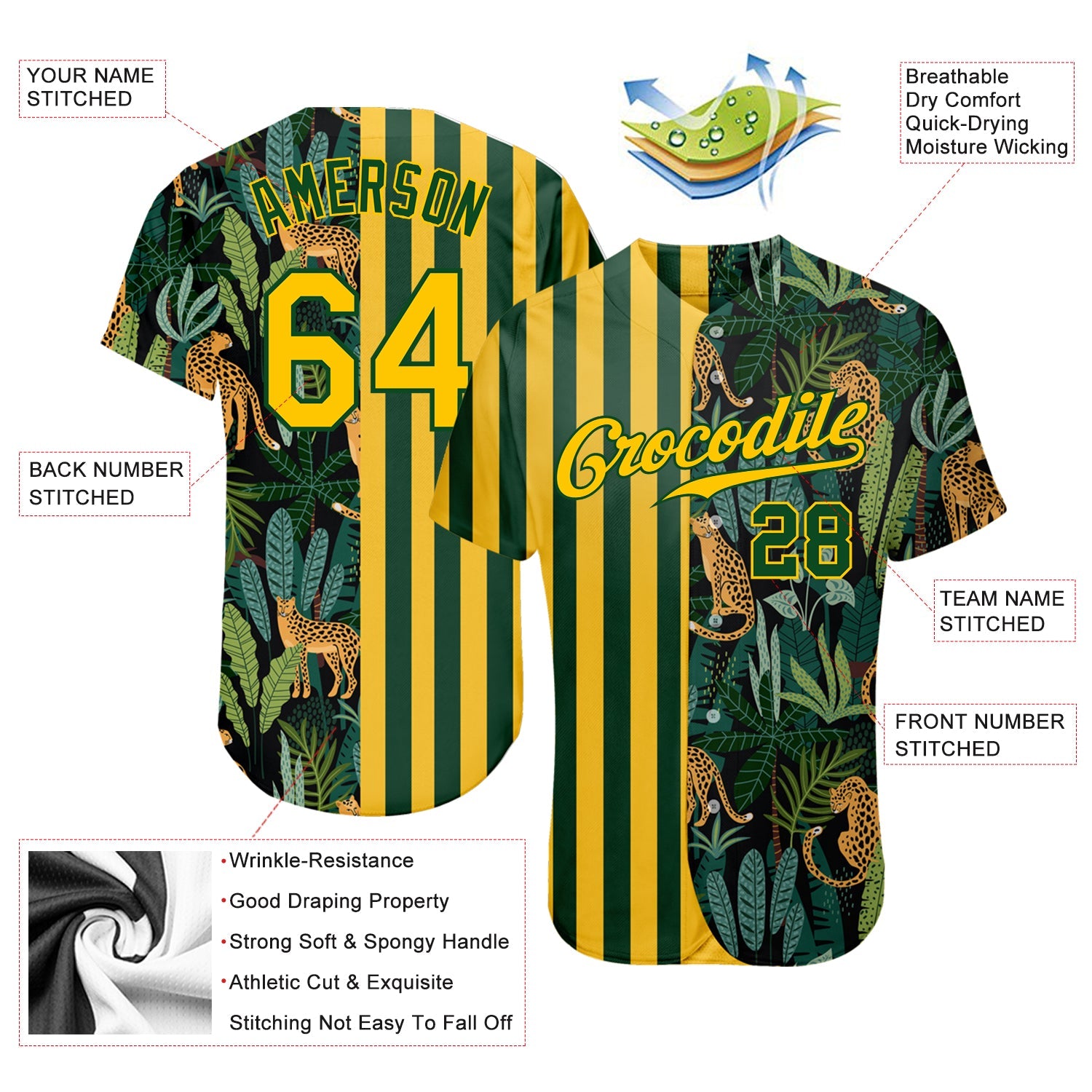 Custom Green Gold-Black 3D Pattern Design Leopards And Tropical Palm Leaves Authentic Baseball Jersey - Sky-Custom