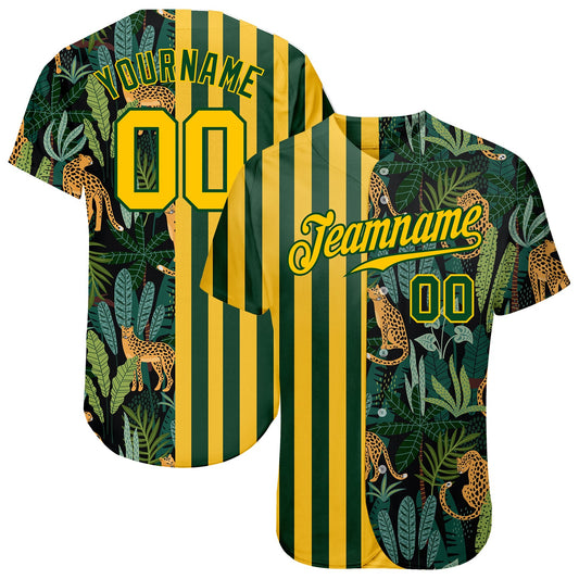 Custom Green Gold-Black 3D Pattern Design Leopards And Tropical Palm Leaves Authentic Baseball Jersey - Sky-Custom