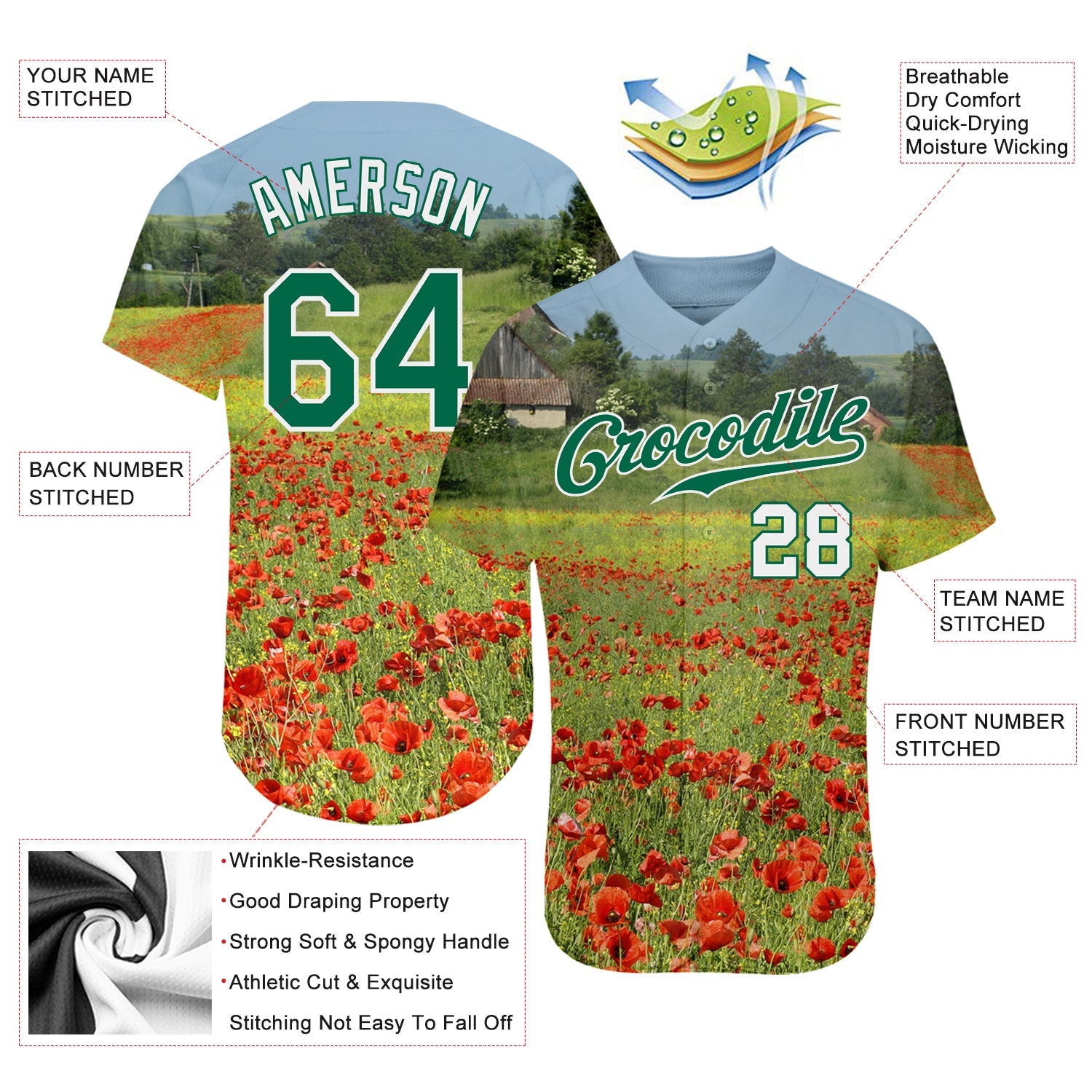 Custom Green Kelly Green-White 3D Pattern Design Flowers Authentic Baseball Jersey - Sky-Custom