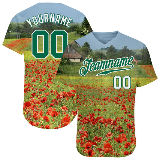 Custom Green Kelly Green-White 3D Pattern Design Flowers Authentic Baseball Jersey - Sky-Custom