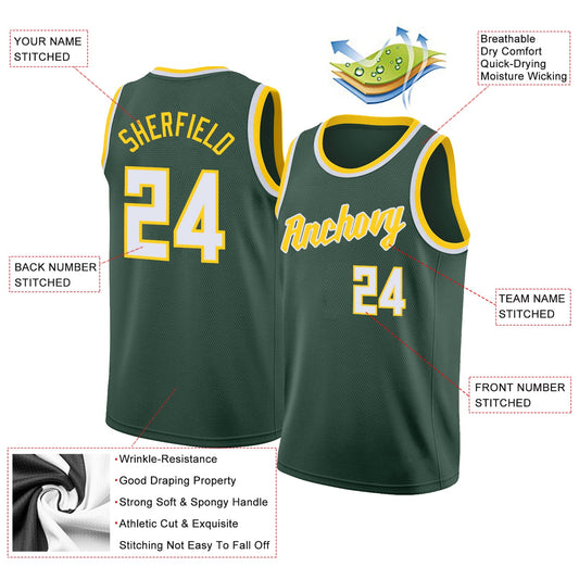 Custom Hunter Green White-Gold Round Neck Rib-Knit Basketball Jersey - Sky-Custom
