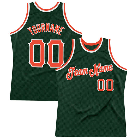 Custom Hunter Green Orange-White Authentic Throwback Basketball Jersey - Sky-Custom