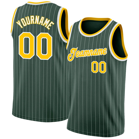 Custom Hunter Green White Pinstripe Gold-White Authentic Basketball Jersey - Sky-Custom