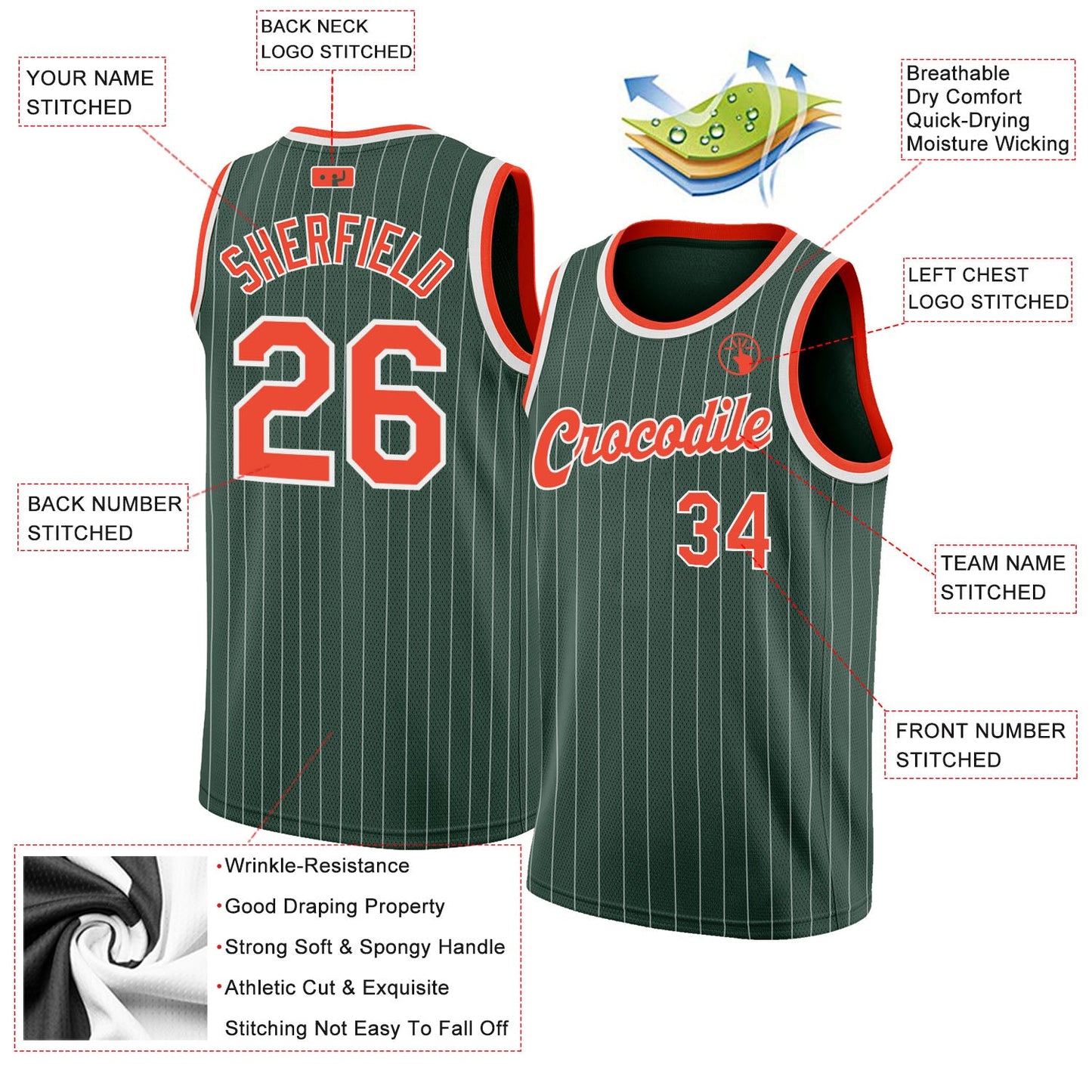 Custom Hunter Green White Pinstripe Orange-White Authentic Basketball Jersey - Sky-Custom