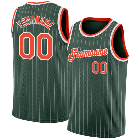 Custom Hunter Green White Pinstripe Orange-White Authentic Basketball Jersey - Sky-Custom