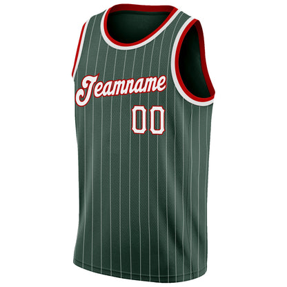 Custom Hunter Green White Pinstripe White-Red Authentic Basketball Jersey - Sky-Custom