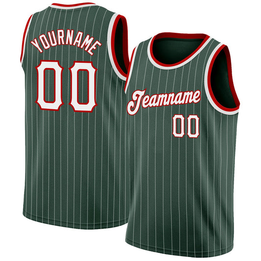 Custom Hunter Green White Pinstripe White-Red Authentic Basketball Jersey - Sky-Custom