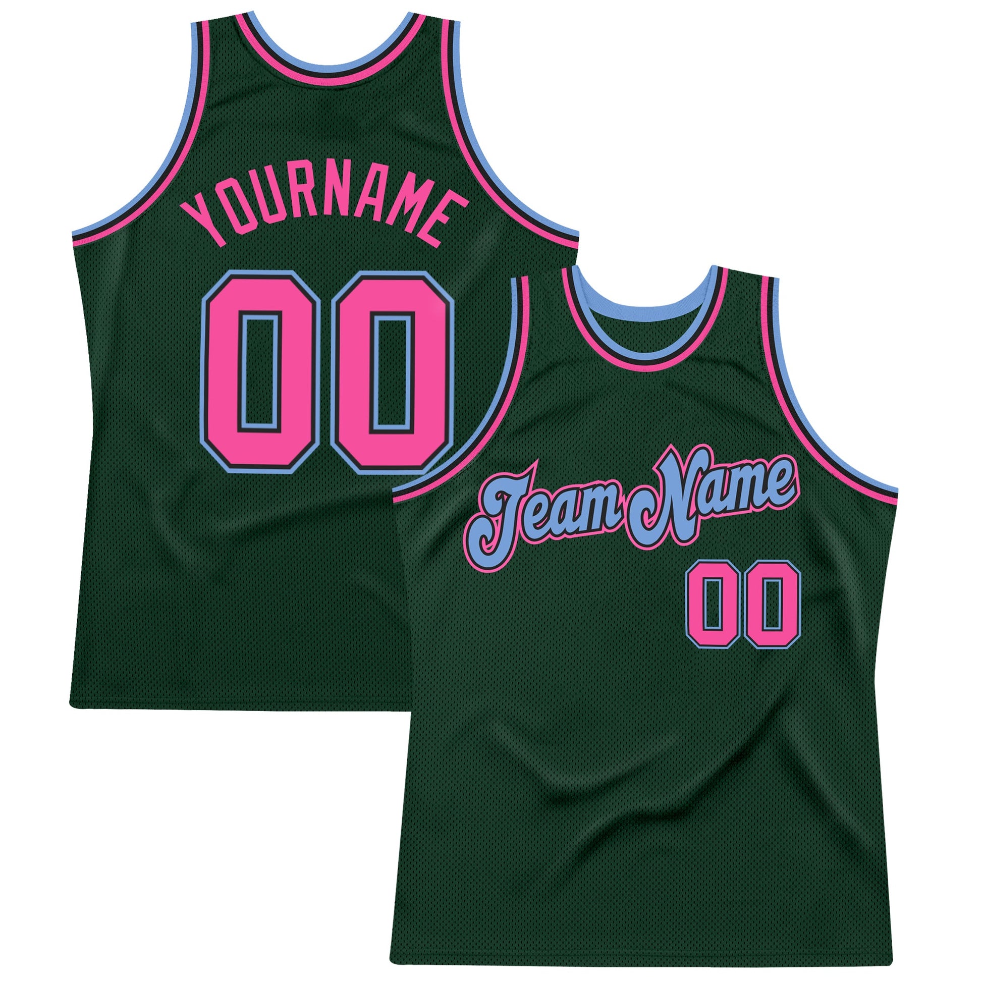 Custom Hunter Green Pink-Light Blue Authentic Throwback Basketball Jersey - Sky-Custom