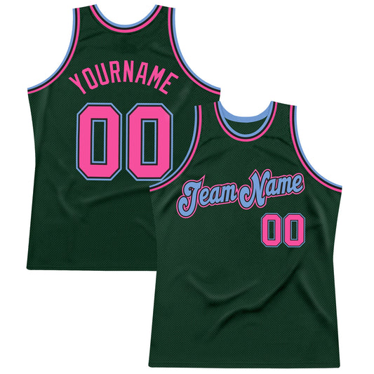 Custom Hunter Green Pink-Light Blue Authentic Throwback Basketball Jersey - Sky-Custom