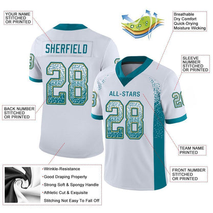 Custom White Teal-Old Gold Mesh Drift Fashion Football Jersey - Sky-Custom