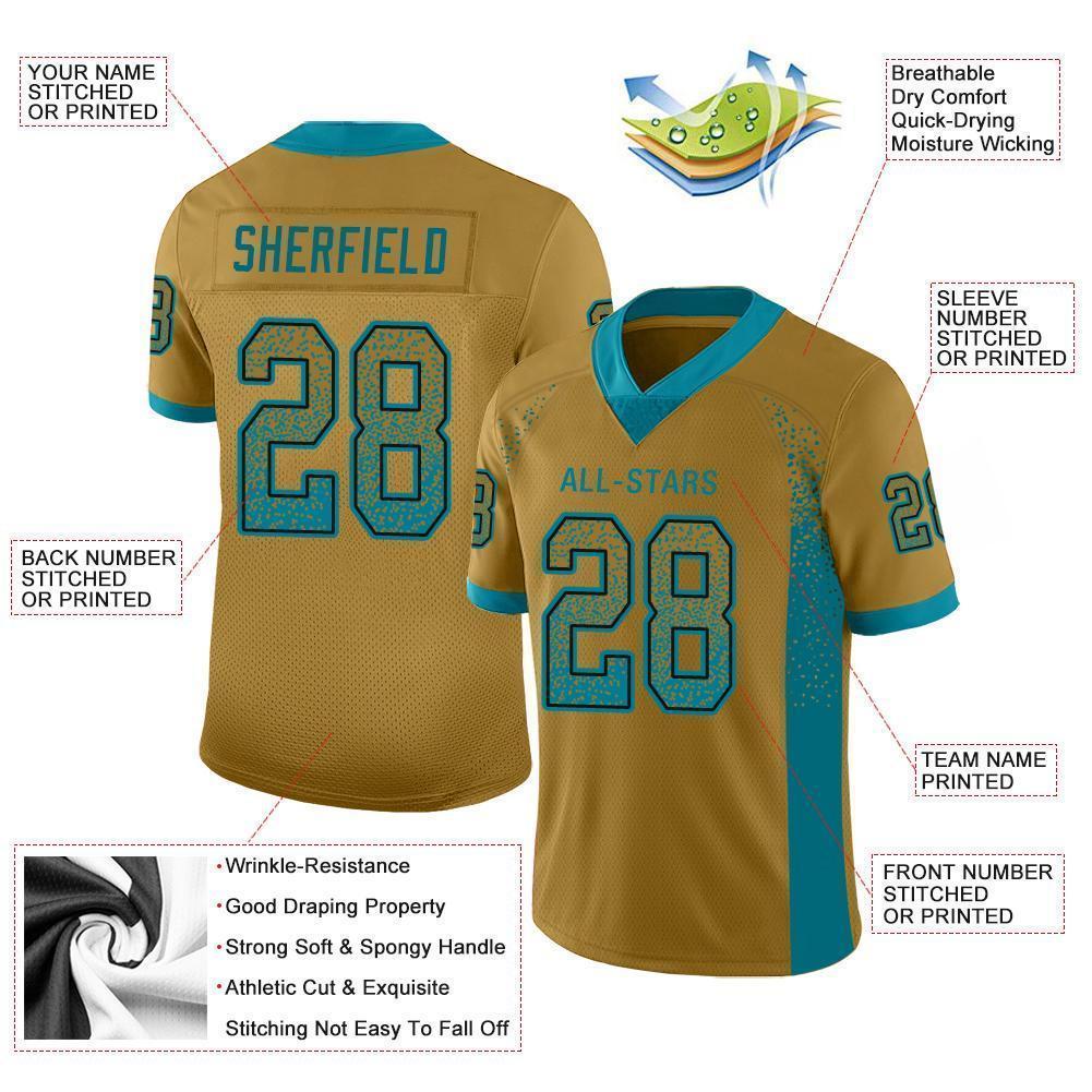 Custom Old Gold Teal-Black Mesh Drift Fashion Football Jersey - Sky-Custom