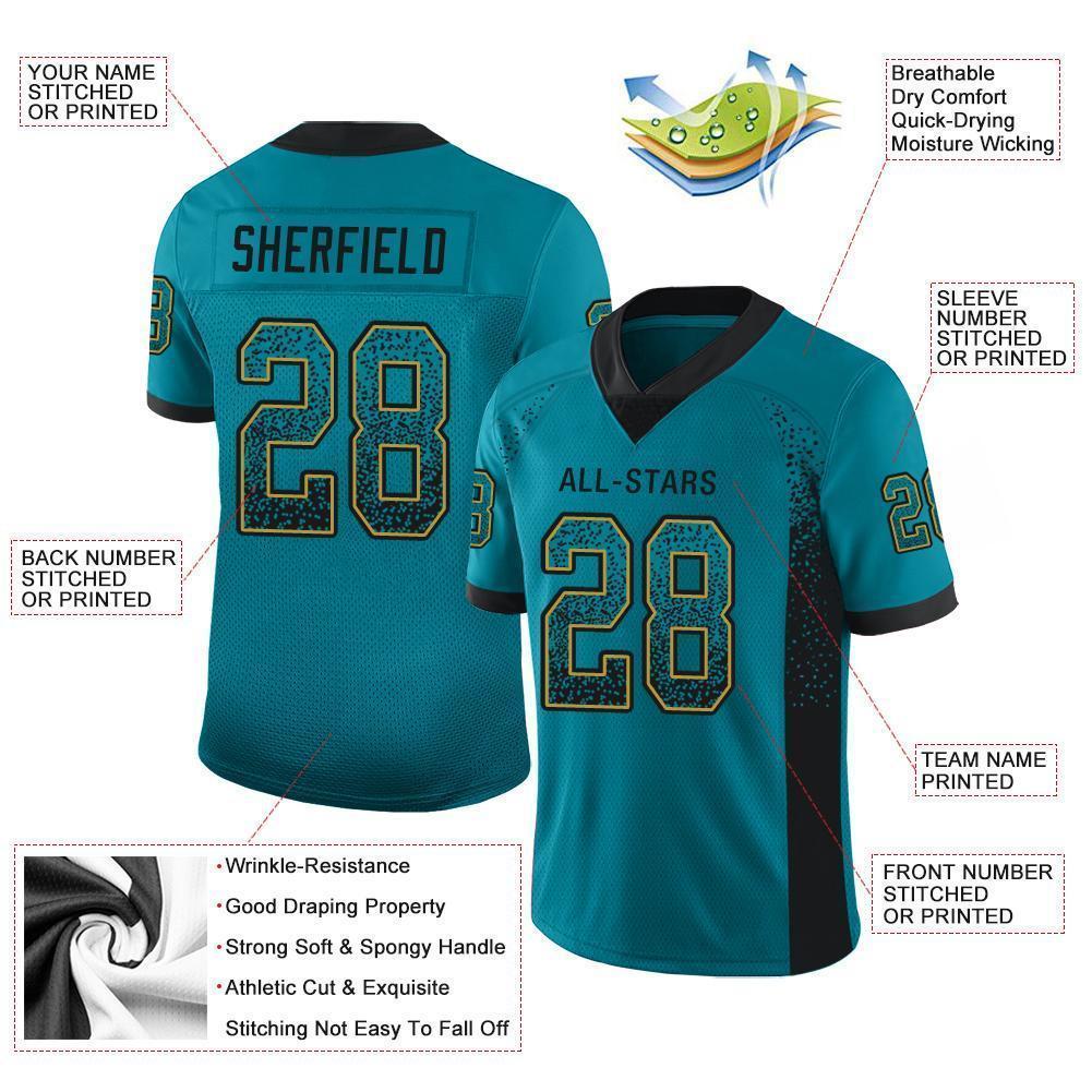 Custom Teal Black-Old Gold Mesh Drift Fashion Football Jersey - Sky-Custom