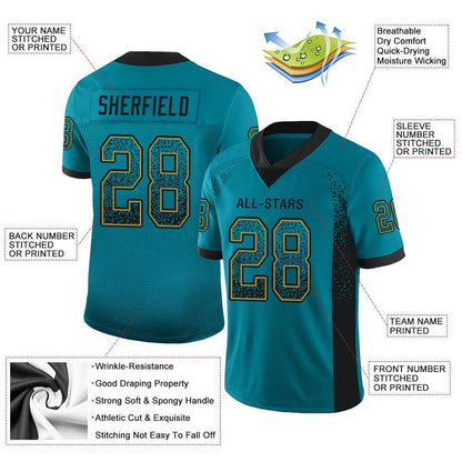 Custom Teal Black-Old Gold Mesh Drift Fashion Football Jersey - Sky-Custom